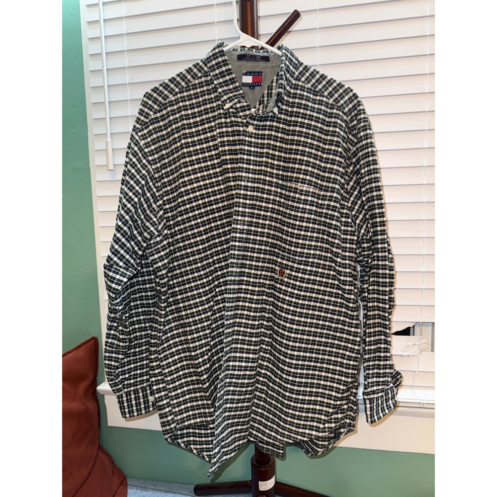 Tommy Hilfiger Mens M Green Navy Plaid Crest Button Down Shirt